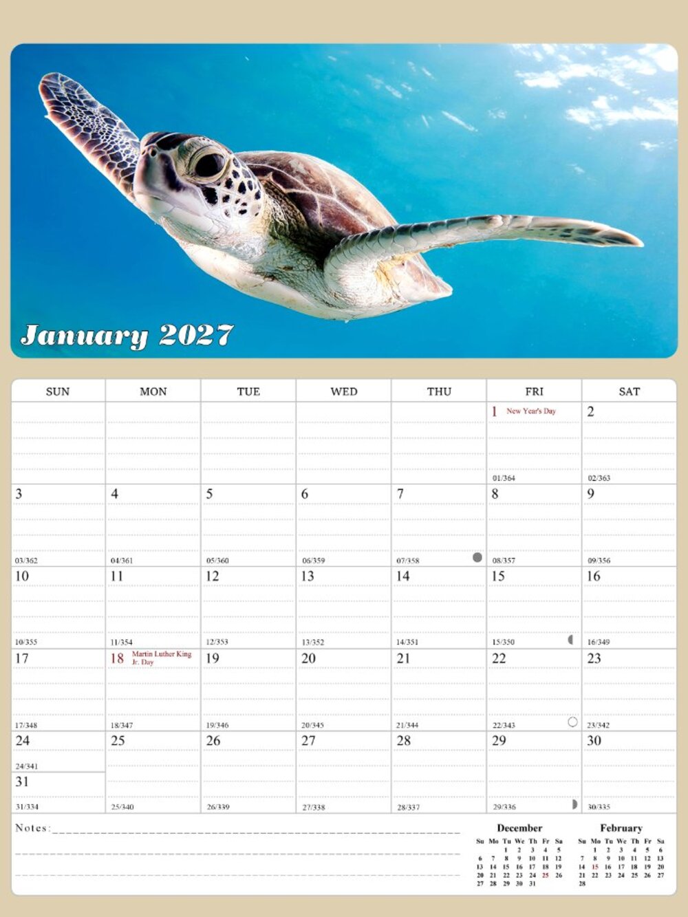 2027 Calendar Magnetic Peel & Stick 12 Months 8.5" x 11" Turtles